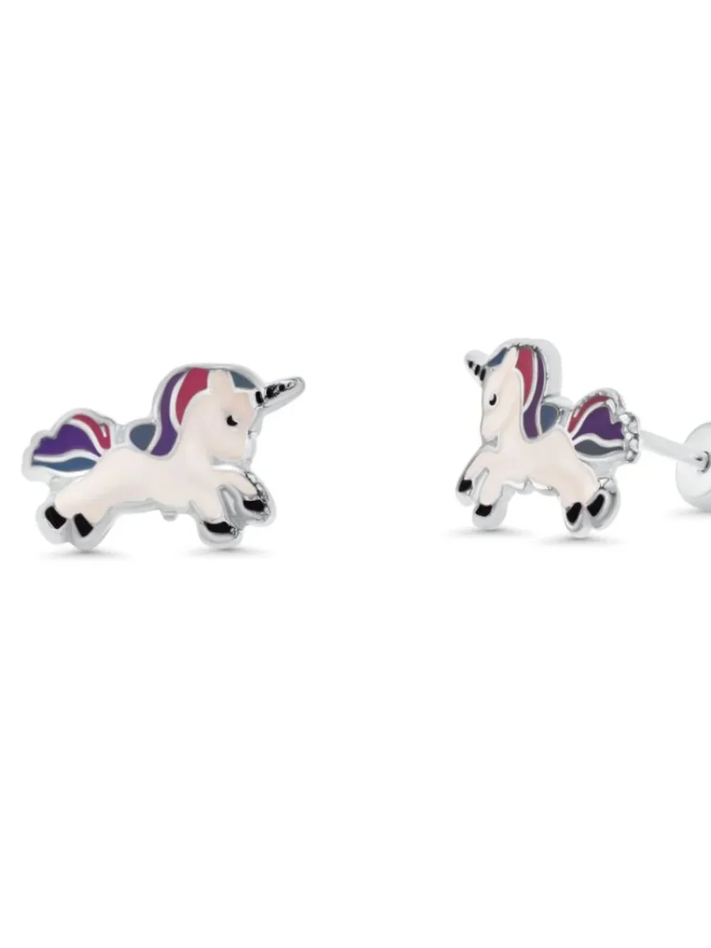 Sterling Silver 925 High Polished Enamel Jumping Unicorn Screw Stud Earrings